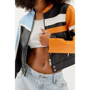 Urban Outfitters Snoh Faux Leather Moto Jacket Black Orange Blue White Medium